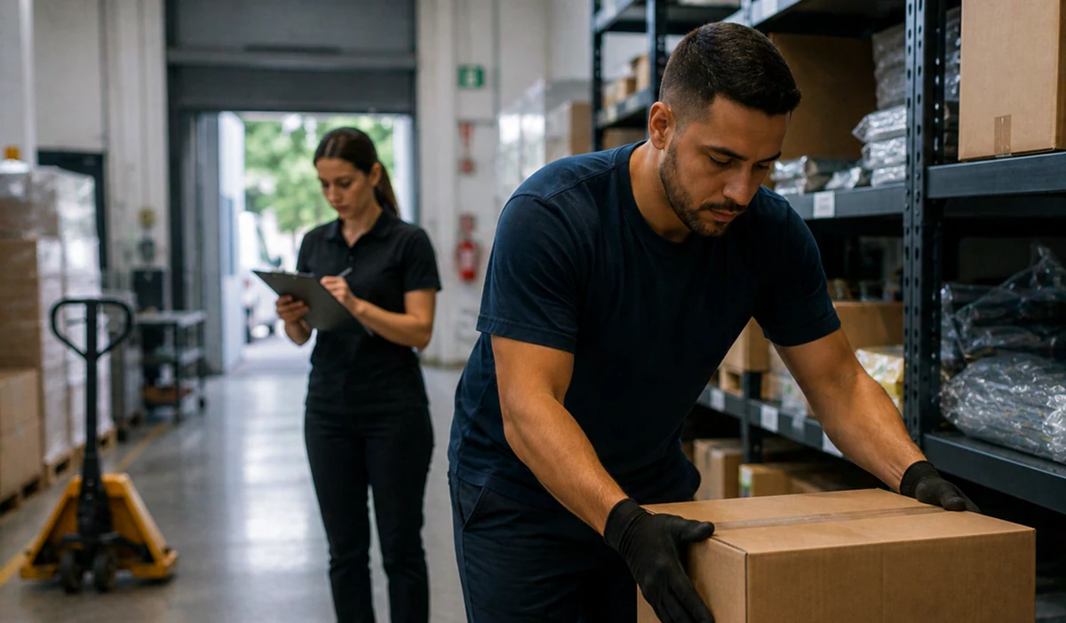 Equipe ORBI organizando caixas em uma operação logística