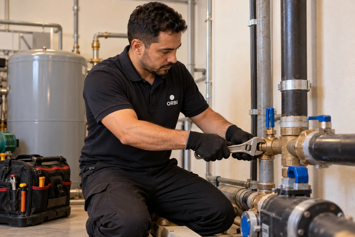 Profissional ORBI realizando manutenção em uma instalação hidráulica