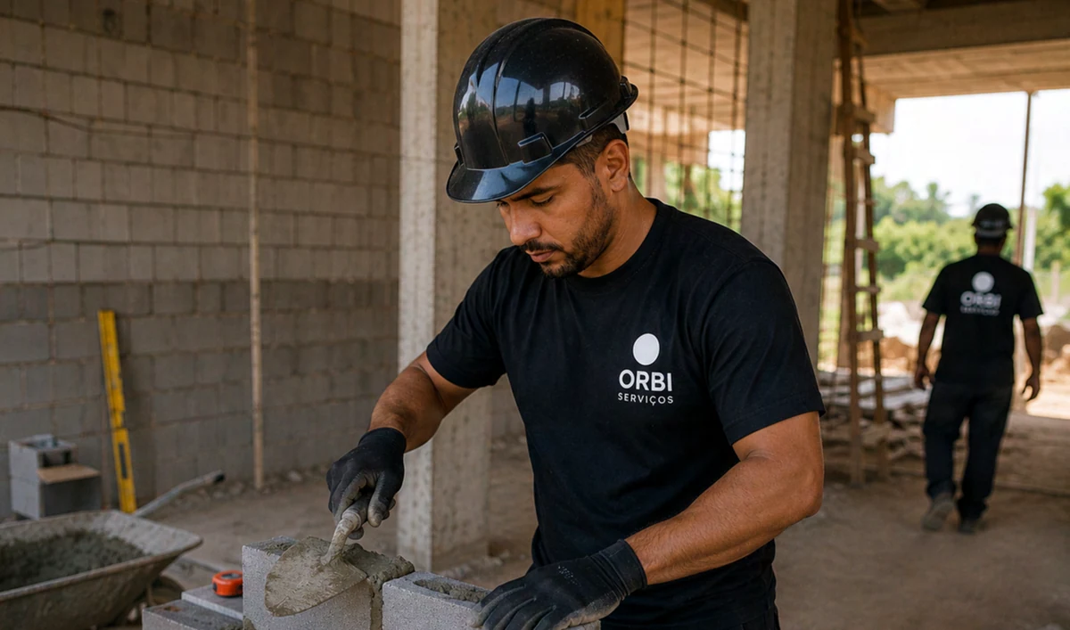 Profissional ORBI executando trabalho de alvenaria em uma obra