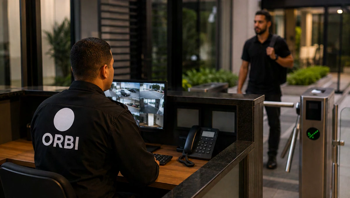 Profissional ORBI na portaria com monitor de câmeras e controle de acesso