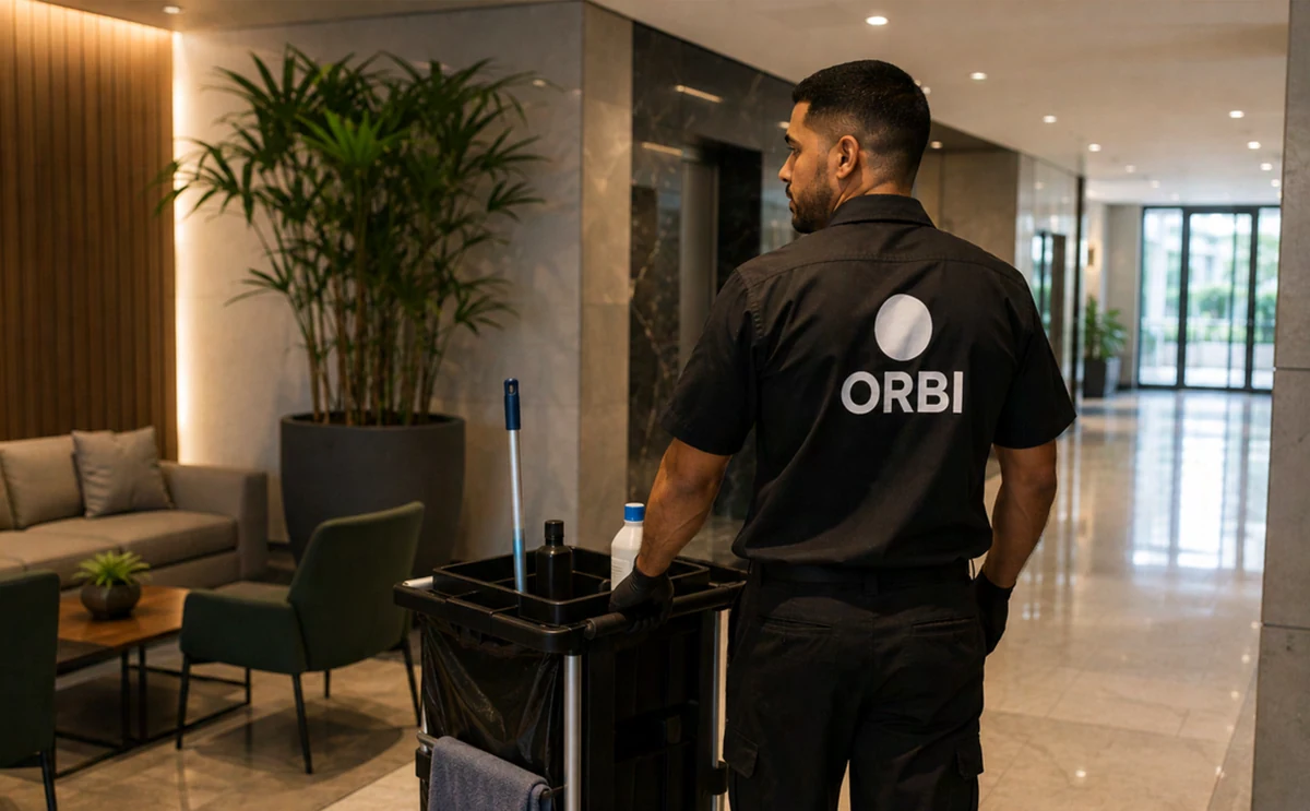 Profissional ORBI com equipamentos de conservação em ambiente corporativo